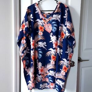 Partocruz short sleeve blouse/coverup 1x blue with flower print throughout